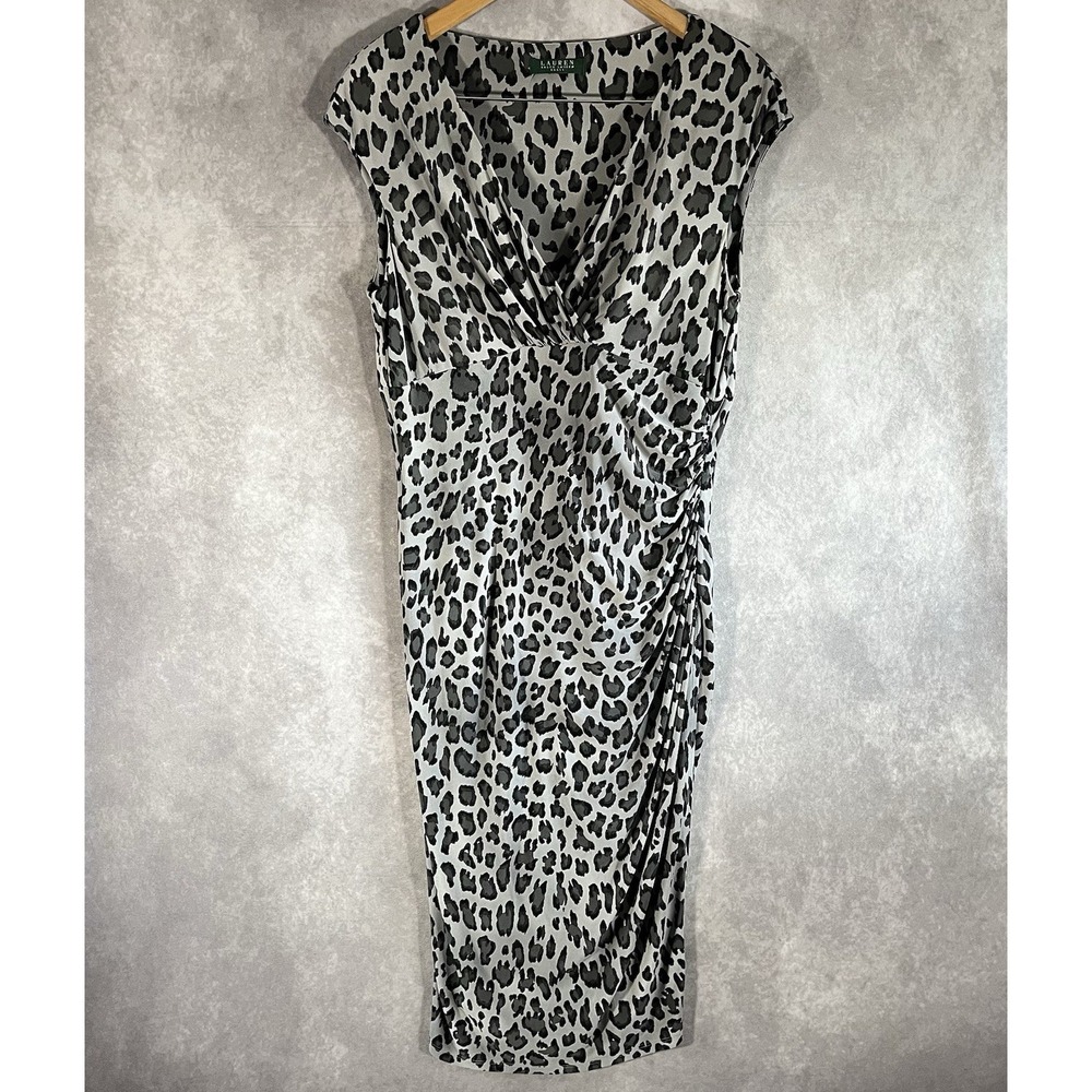 Lauren Ralph Lauren Dress Womens Grey Leopard Print Ruched Sheath V-Neck Stretch